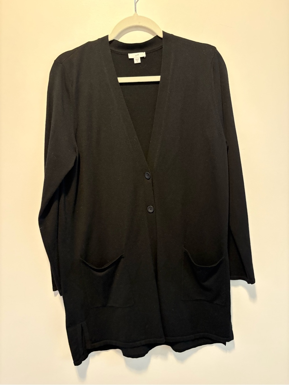 J. Jill Cardigan Black Long Wool Blend V-Neck 2 Patch Pockets 2 Button Closure
